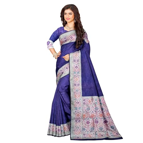 Ta la hi Collections Women's Banarasi Saree, Meenakari Raw Silk Saree for Women, Partywear Silk Sari with Unstitched Blouse -Blue/Talahi Collections