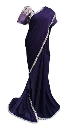 Ta la hi Collections- Elegant Crepe silk with golden lace and Stitched Blouse- Purple/Talahi Collections