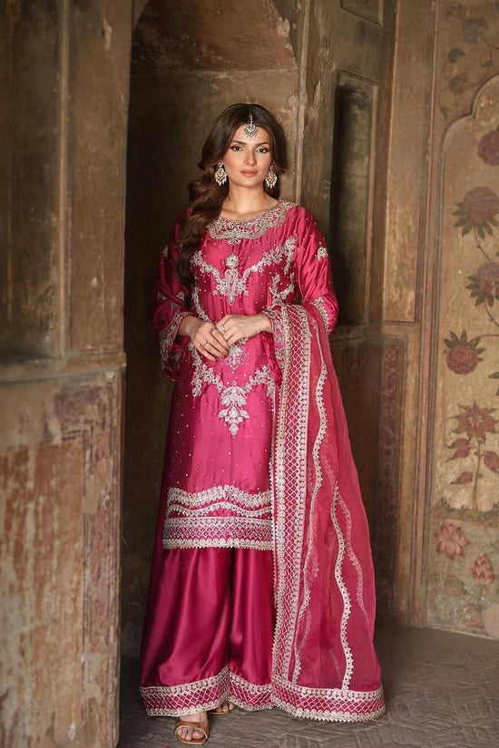 Fuchsia Pink Embroidered Silk Suit with Palazzo & Dupatta