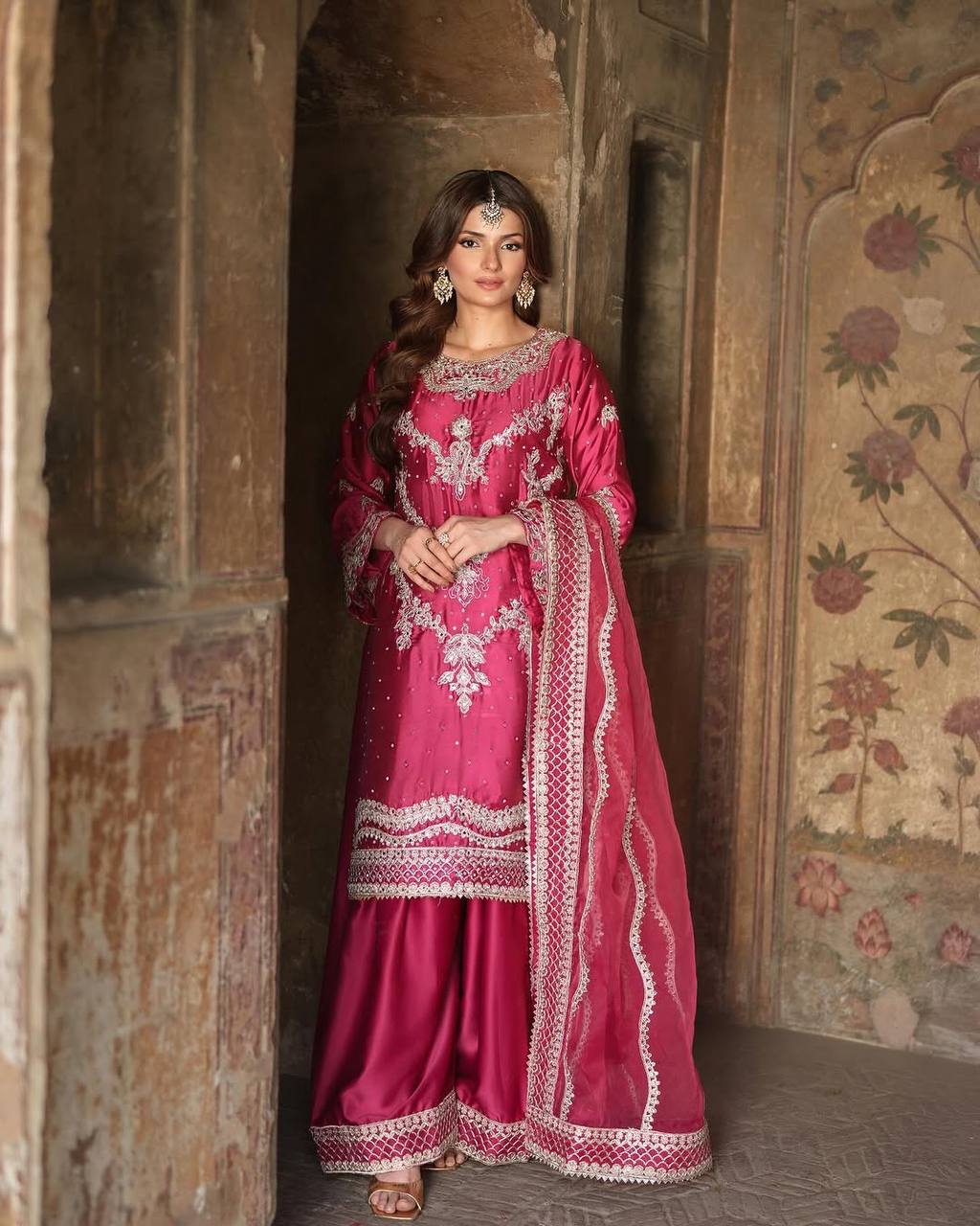 Fuchsia Pink Embroidered Silk Suit with Palazzo & Dupatta