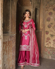 Fuchsia Pink Embroidered Silk Suit with Palazzo & Dupatta