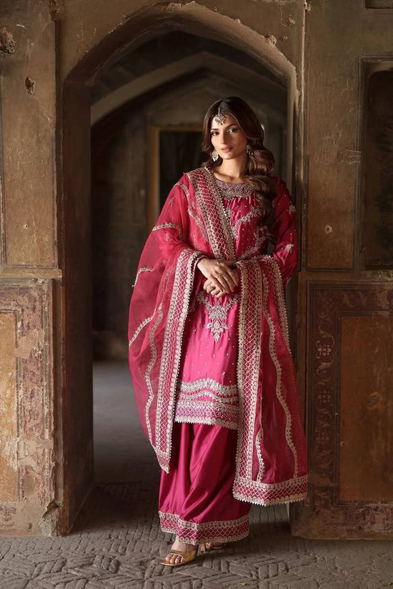 Fuchsia Pink Embroidered Silk Suit with Palazzo & Dupatta
