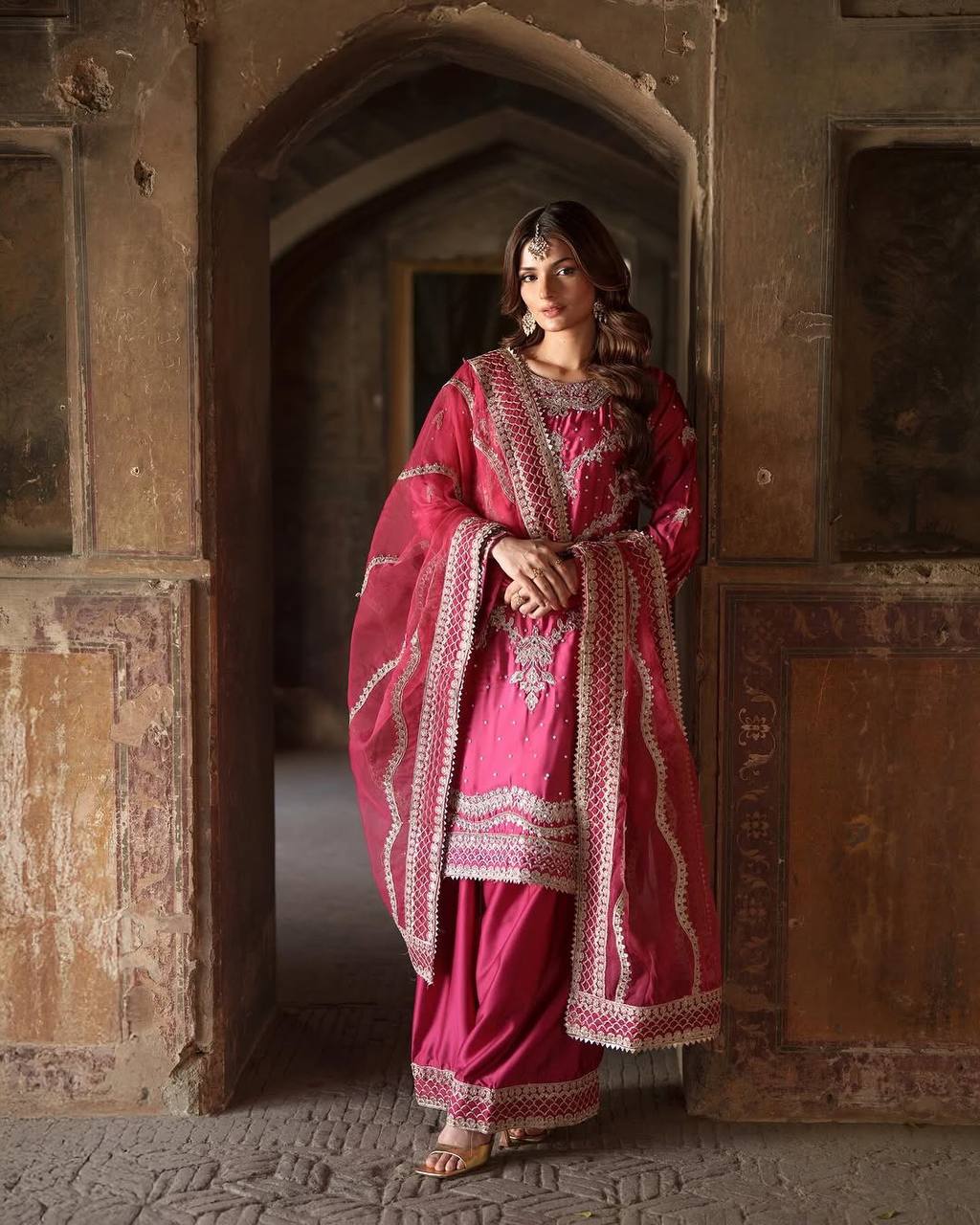 Fuchsia Pink Embroidered Silk Suit with Palazzo & Dupatta