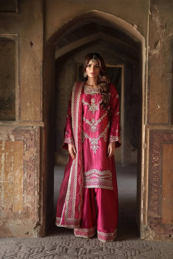 Fuchsia Pink Embroidered Silk Suit with Palazzo & Dupatta