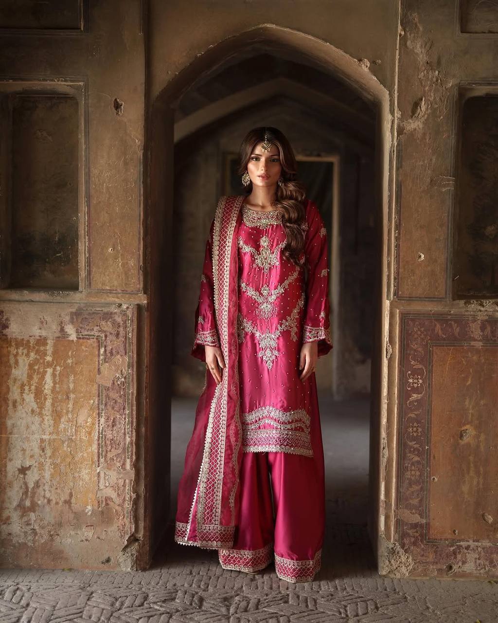 Fuchsia Pink Embroidered Silk Suit with Palazzo & Dupatta