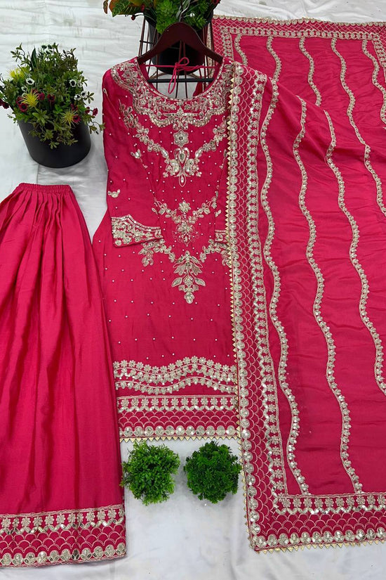 Fuchsia Pink Embroidered Silk Suit with Palazzo & Dupatta