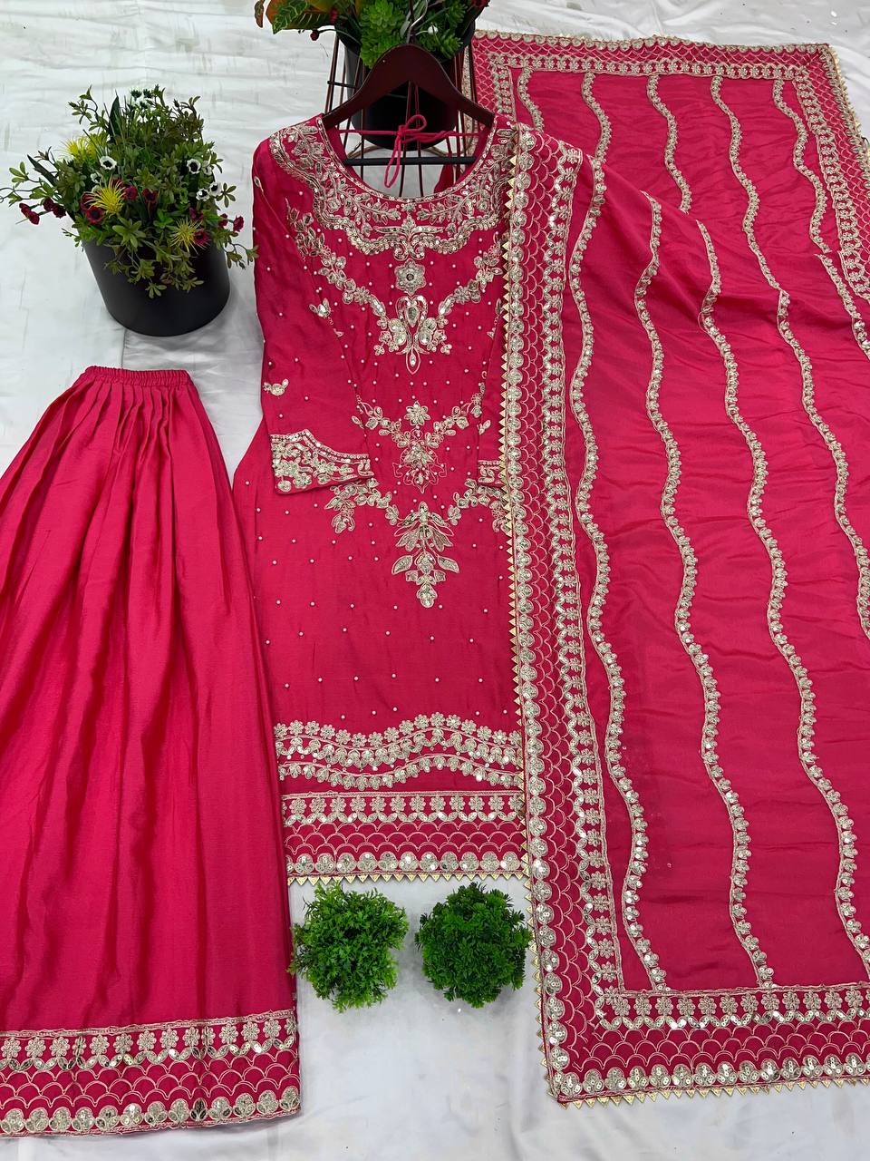 Fuchsia Pink Embroidered Silk Suit with Palazzo & Dupatta