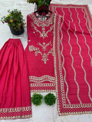 Fuchsia Pink Embroidered Silk Suit with Palazzo & Dupatta