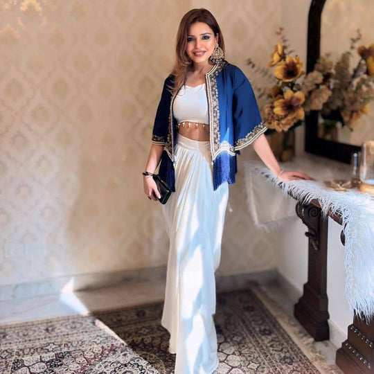 Pakistani ready to wear collection with embroidery sequins work top-pant with dupatta