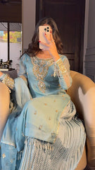 Sky Blue Embroidered Kurta Set with Palazzo & Dupatta