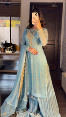 Sky Blue Embroidered Kurta Set with Palazzo & Dupatta