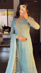 Sky Blue Embroidered Kurta Set with Palazzo & Dupatta