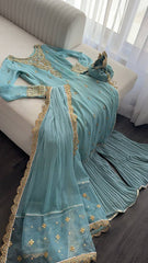 Sky Blue Embroidered Kurta Set with Palazzo & Dupatta