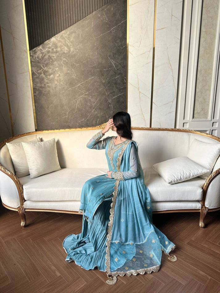 Sky Blue Embroidered Kurta Set with Palazzo & Dupatta