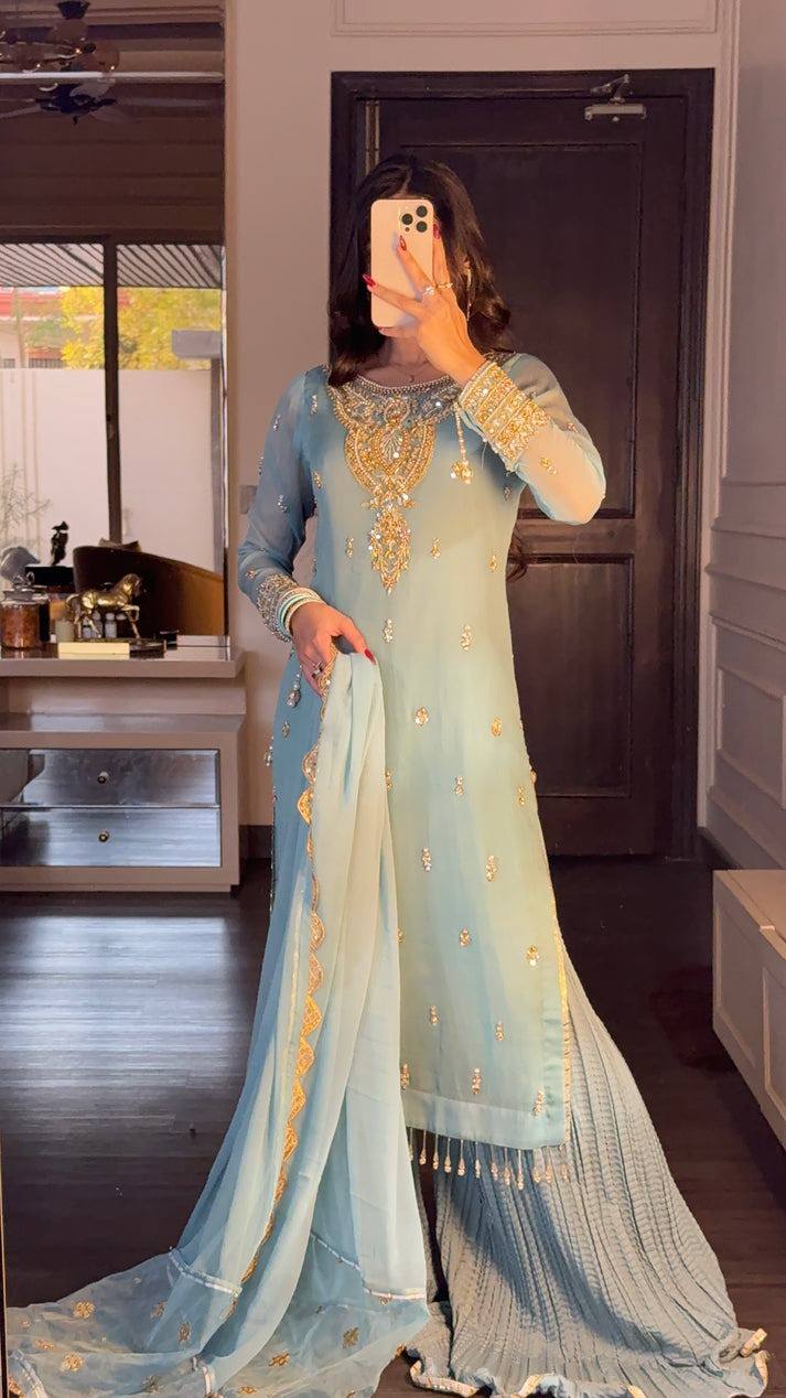 Sky Blue Embroidered Kurta Set with Palazzo & Dupatta