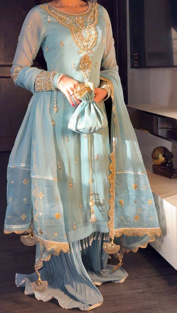 Sky Blue Embroidered Kurta Set with Palazzo & Dupatta