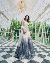 White & Silver Ombre Sequin Lehenga with Embroidered Blouse & Dupatta