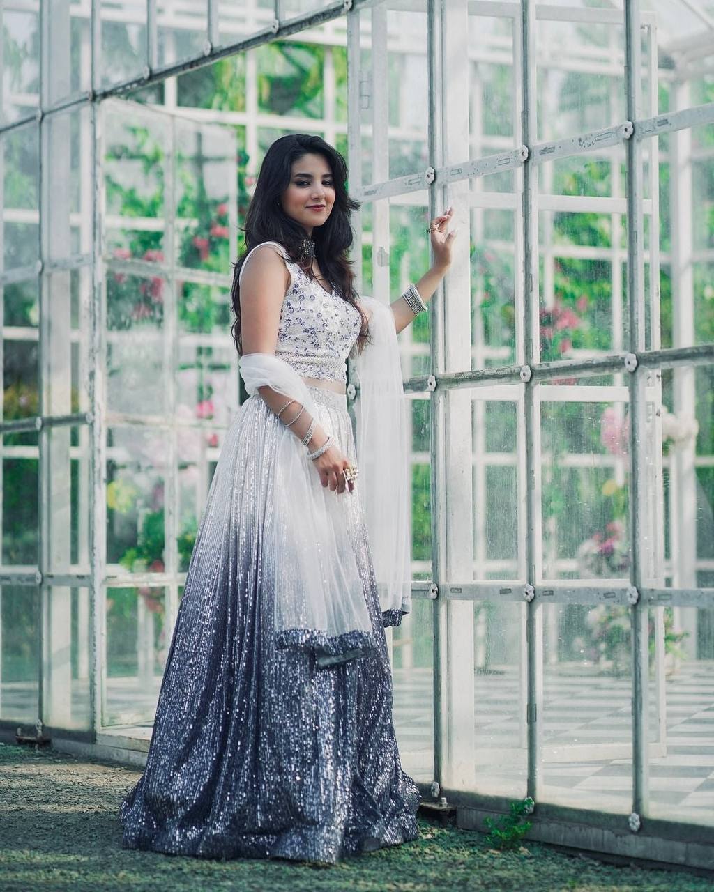 White & Silver Ombre Sequin Lehenga with Embroidered Blouse & Dupatta