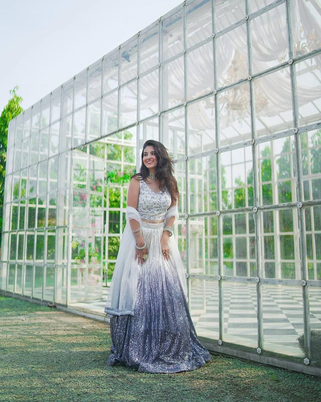 White & Silver Ombre Sequin Lehenga with Embroidered Blouse & Dupatta
