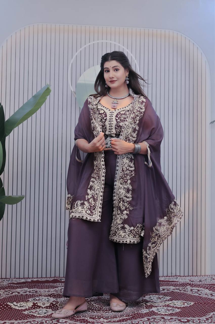 Deep Plum Palazzo Suit with Heavy Embroidery & Dupatta