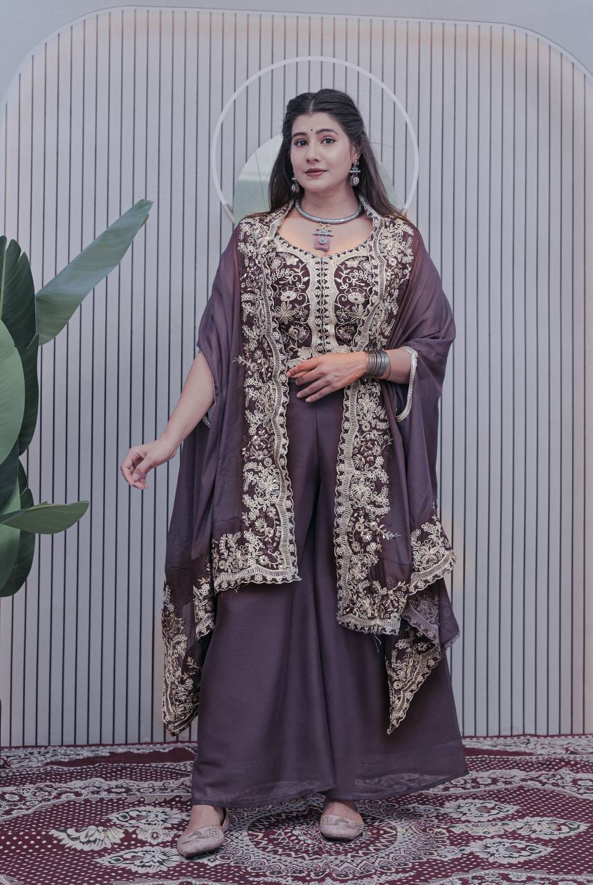 Deep Plum Palazzo Suit with Heavy Embroidery & Dupatta