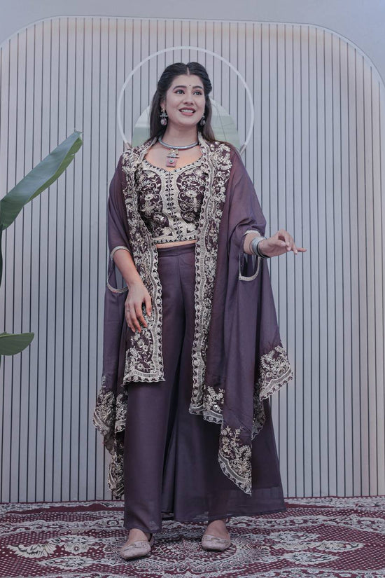 Deep Plum Palazzo Suit with Heavy Embroidery & Dupatta