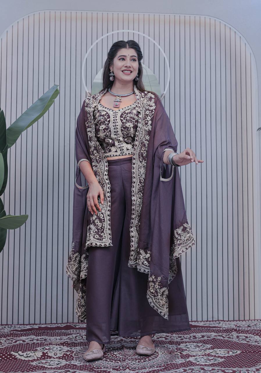 Deep Plum Palazzo Suit with Heavy Embroidery & Dupatta