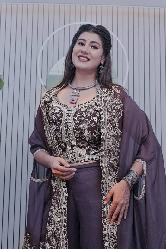 Deep Plum Palazzo Suit with Heavy Embroidery & Dupatta