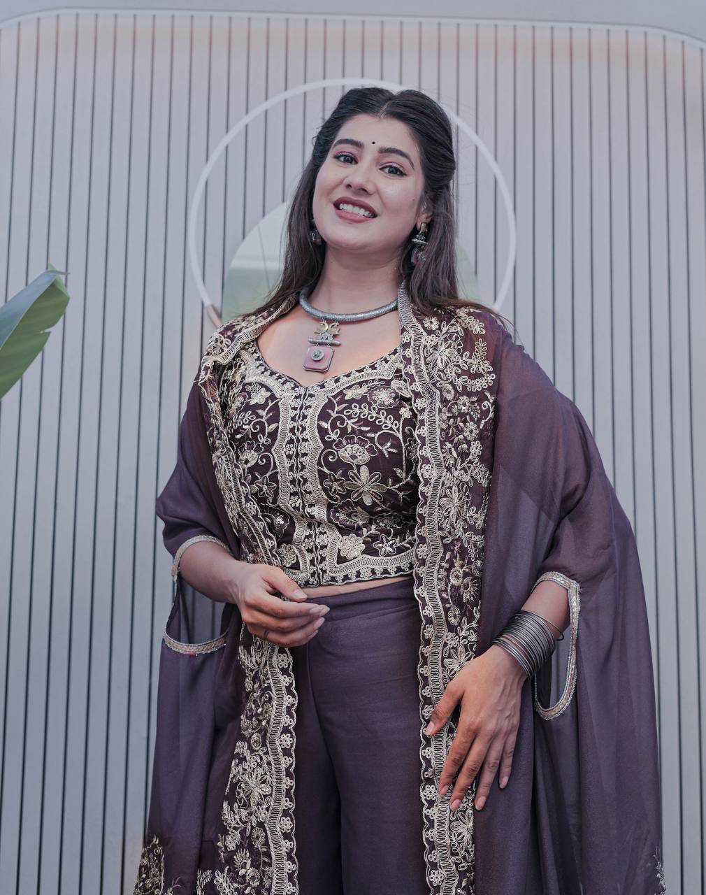Deep Plum Palazzo Suit with Heavy Embroidery & Dupatta