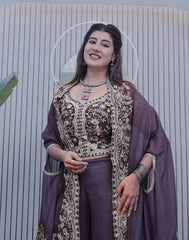 Deep Plum Palazzo Suit with Heavy Embroidery & Dupatta