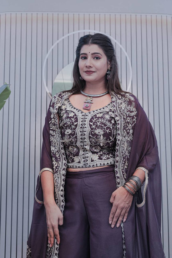 Deep Plum Palazzo Suit with Heavy Embroidery & Dupatta