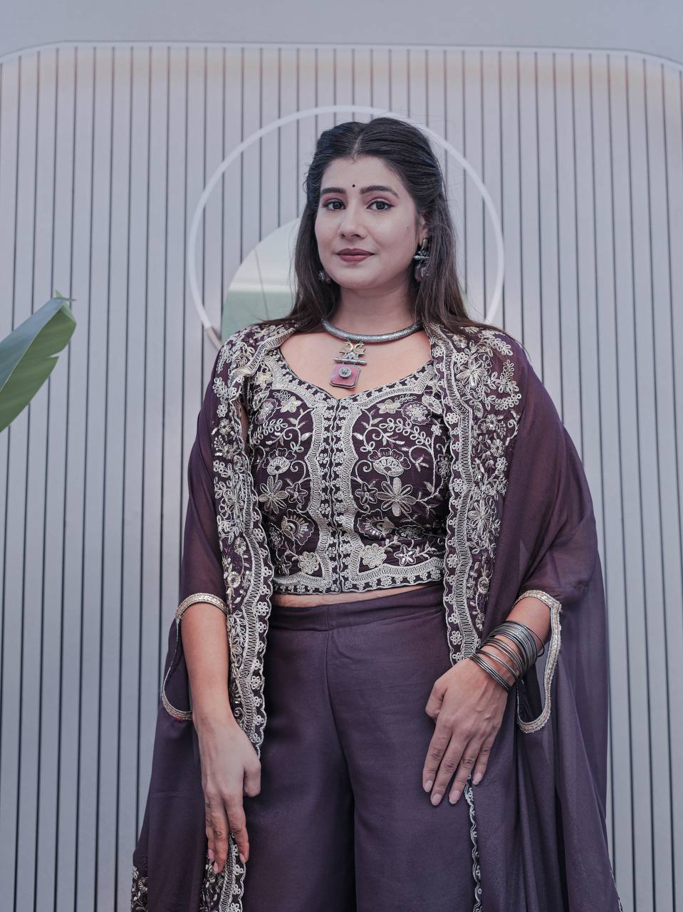 Deep Plum Palazzo Suit with Heavy Embroidery & Dupatta