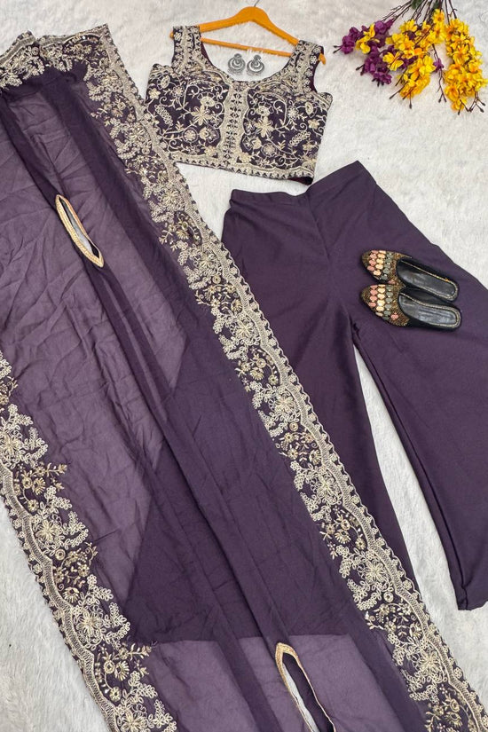 Deep Plum Palazzo Suit with Heavy Embroidery & Dupatta