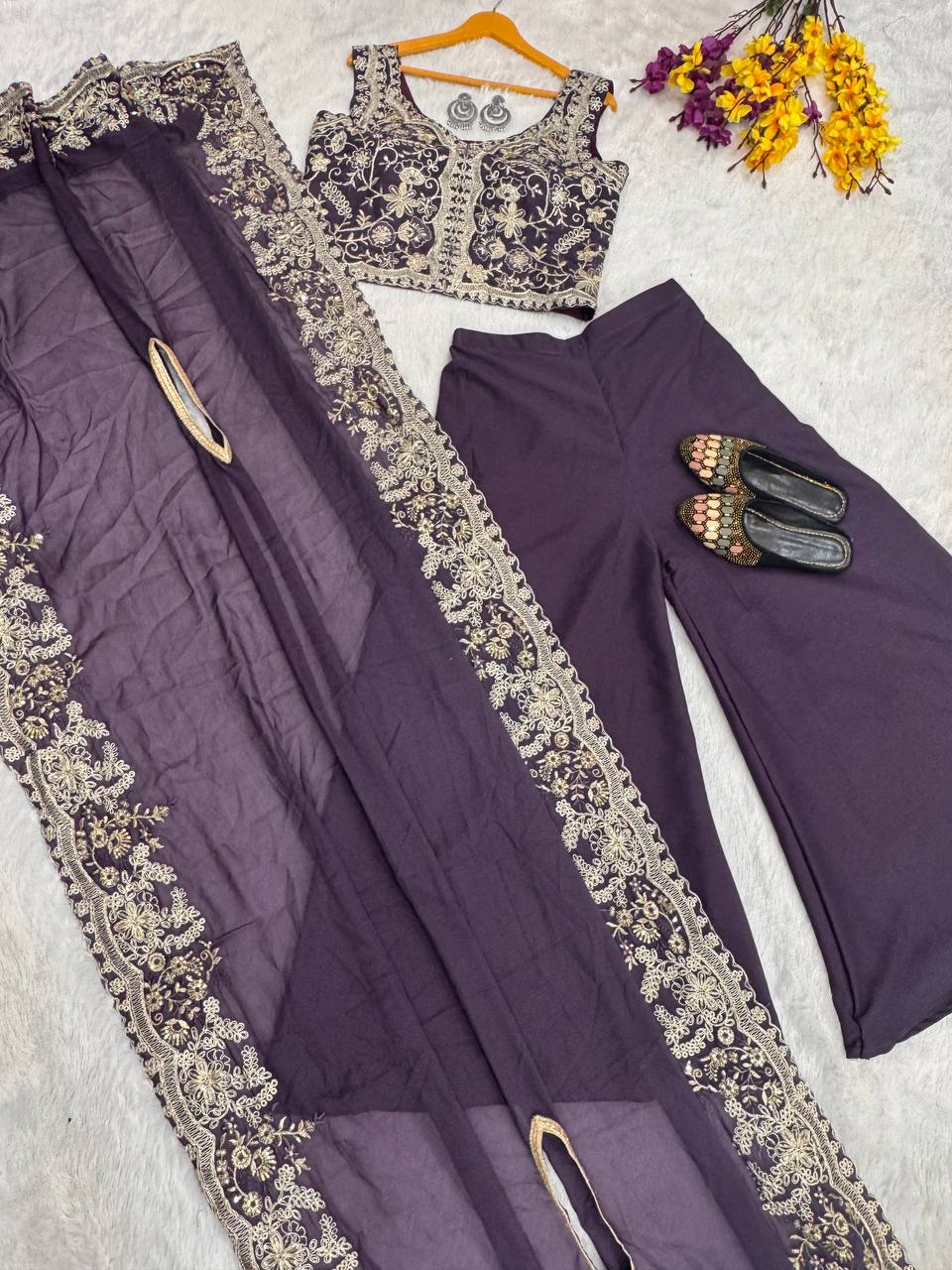 Deep Plum Palazzo Suit with Heavy Embroidery & Dupatta