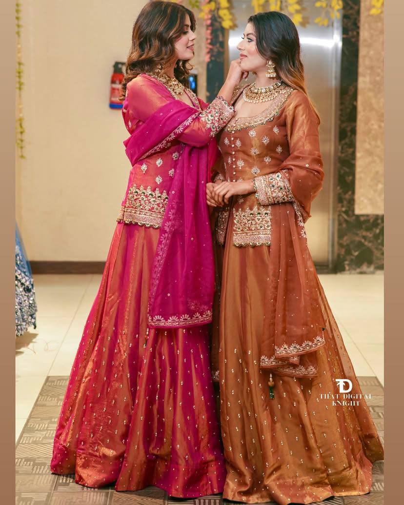 Embroidered Lehenga Suit Set with Dupatta – Rust Brown & Magenta Pink