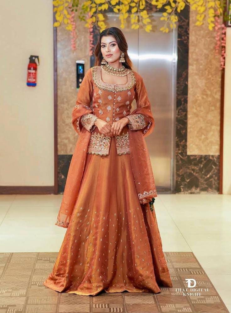 Embroidered Lehenga Suit Set with Dupatta – Rust Brown & Magenta Pink