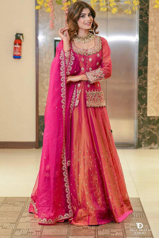 Embroidered Lehenga Suit Set with Dupatta – Rust Brown & Magenta Pink