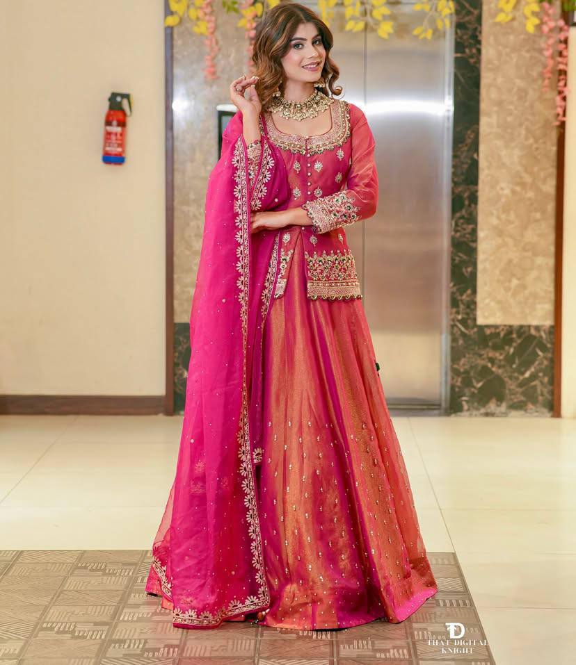 Embroidered Lehenga Suit Set with Dupatta – Rust Brown & Magenta Pink
