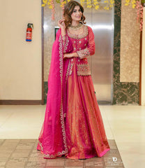 Embroidered Lehenga Suit Set with Dupatta – Rust Brown & Magenta Pink