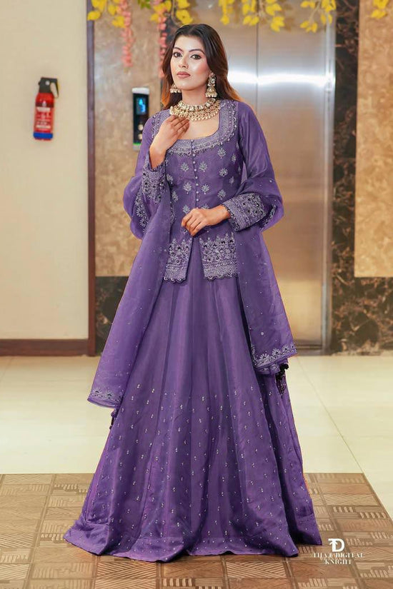 Embroidered Lehenga Suit Set with Dupatta – Rust Brown & Magenta Pink