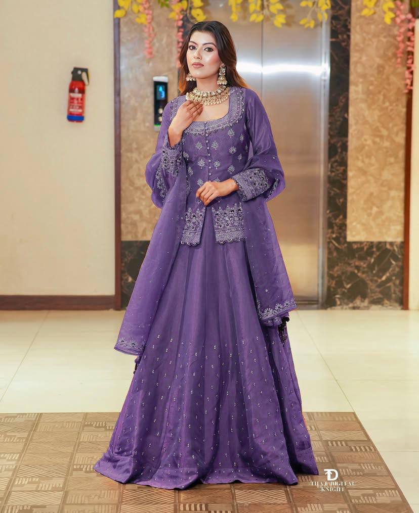 Embroidered Lehenga Suit Set with Dupatta – Rust Brown & Magenta Pink