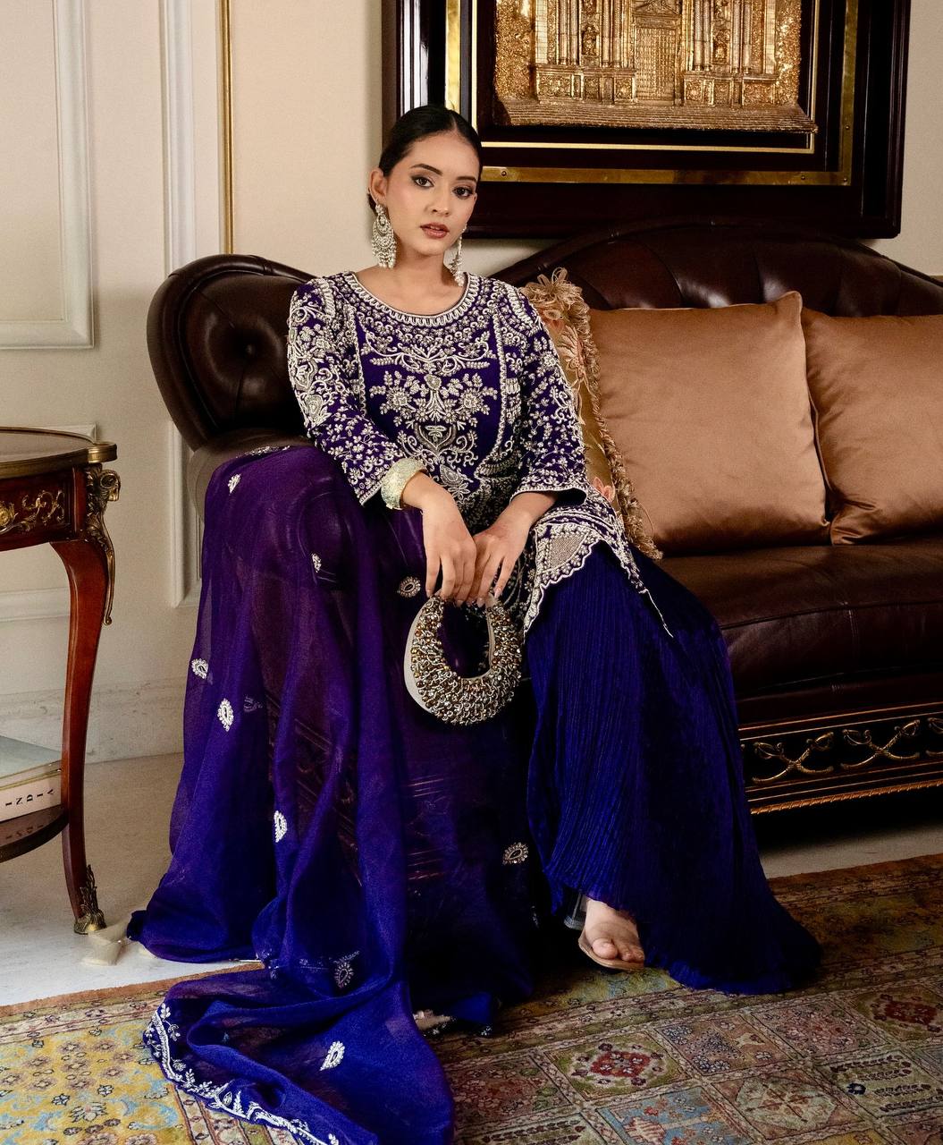 Royal Blue Embroidered Anarkali Suit with Palazzo & Dupatta