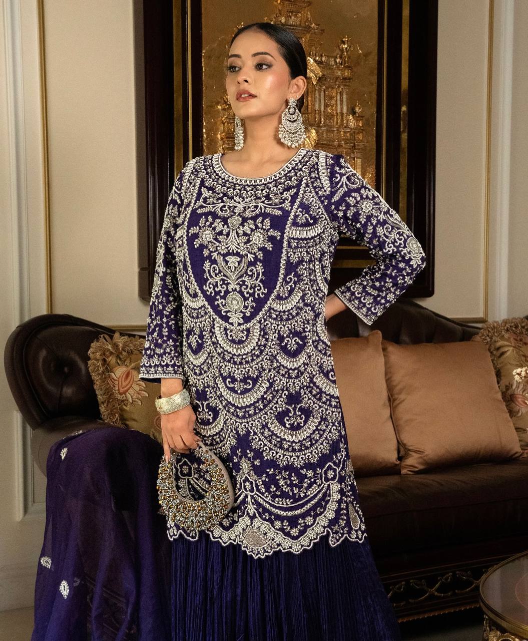 Royal Blue Embroidered Anarkali Suit with Palazzo & Dupatta