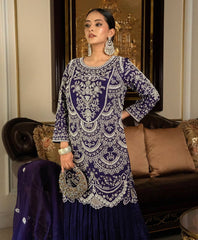 Royal Blue Embroidered Anarkali Suit with Palazzo & Dupatta