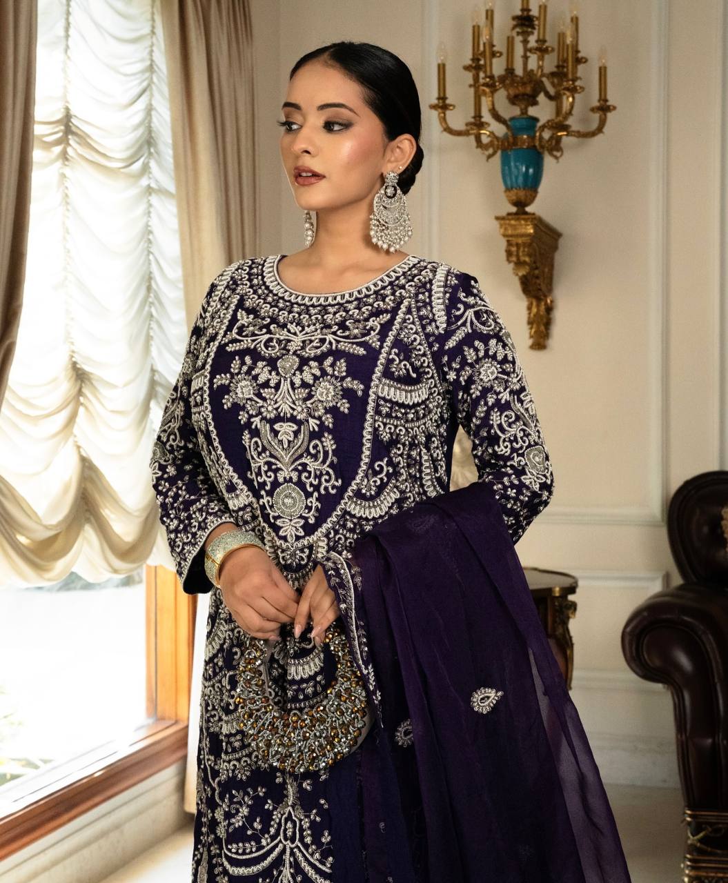 Royal Blue Embroidered Anarkali Suit with Palazzo & Dupatta