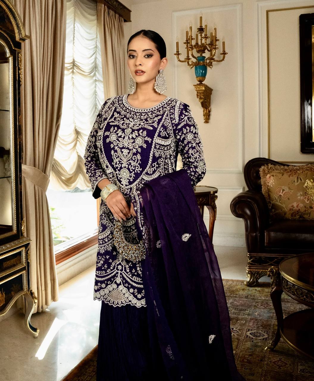 Royal Blue Embroidered Anarkali Suit with Palazzo & Dupatta