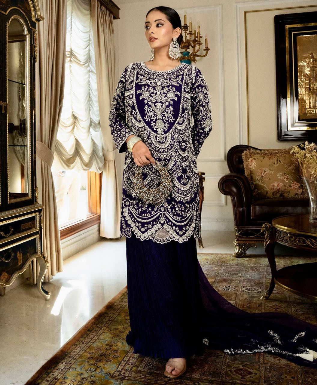 Royal Blue Embroidered Anarkali Suit with Palazzo & Dupatta
