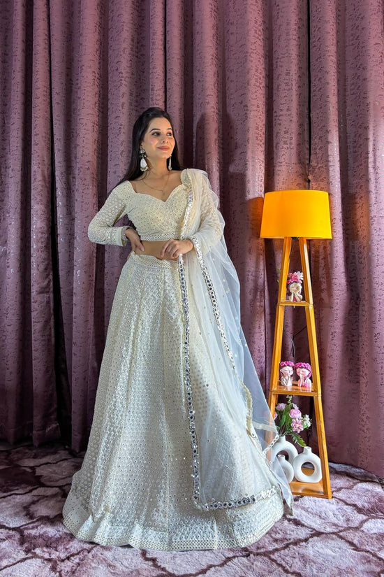 Ivory White Mirror Work Lehenga with Net Dupatta