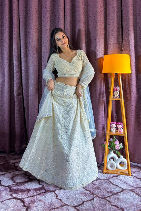 Ivory White Mirror Work Lehenga with Net Dupatta