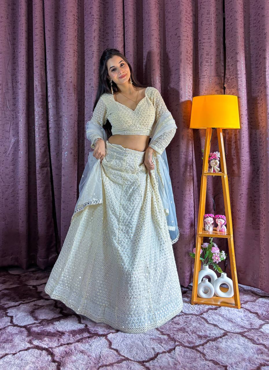 Ivory White Mirror Work Lehenga with Net Dupatta